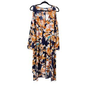 ZHU Size M Floral Navy Boho Midi Dress Cover Up Bell Sleeve High-Low Deep V-Neck